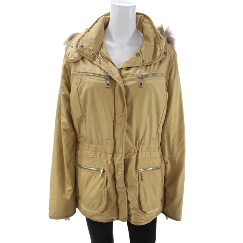 Post Card Womens Beige Parka Drawstring High Neck Long Sleeve Size 10